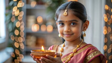 Indian Girl Holding Traditional Clay Lamp
