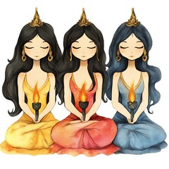 Wall Mural - Three Watercolor Princesses Holding Candles.