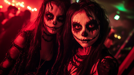 Two women with painted faces and skulls are posing for a photo