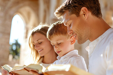 a catholic family gathered around an open Bible, praying in a sunlit corner of the church