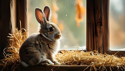 Lop-eared rabbit resting on cozy hay atop a wooden windowsill