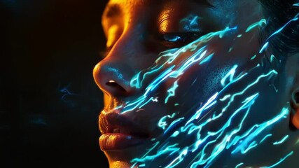 Poster - Woman in a dark studio, her face lit by blue and orange lights, with a futuristic holographic projection creating a trendy and vibrant look
