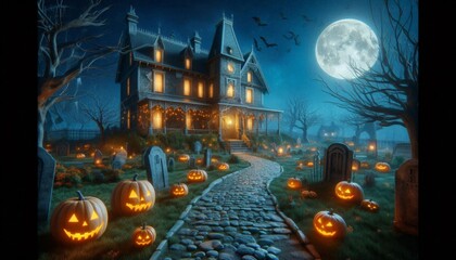 halloween night decorative with bat and moon background. Premium illustration for Halloween celebrations.