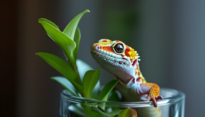 Wall Mural - Curious gecko exploring lush greenery in a vibrant terrarium setting