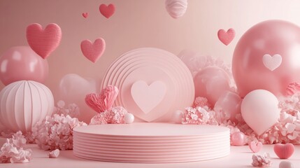 Wall Mural - Light wooden round platform surrounded by soft pink hearts and bubbles on a pastel pink background, evoking a playful and romantic vibe, ideal for Valentine's Day displays.