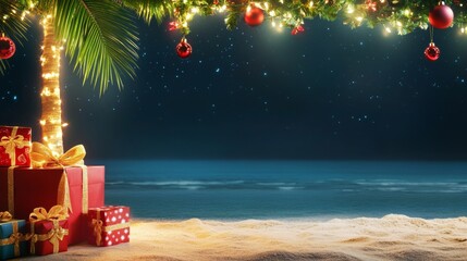 Tropical Christmas setting with a decorated palm tree wrapped in festive lights and presents on the sandy beach under a deep blue evening sky