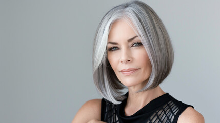 mature woman with stylish gray bob haircut posing confidently on a light background.