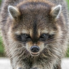 Wall Mural - Close-up of a raccoon with intense eyes and detailed fur, showcasing its natural beauty