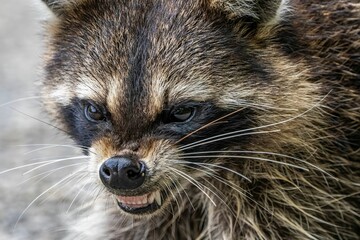 Close-up of a raccoon showing its teeth with detailed fur texture.