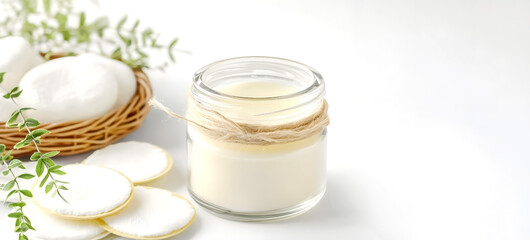 Glass jar of natural face cream with cotton pads and green leaves on a white background