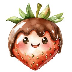 Canvas Print - Cute Cartoon Strawberry Covered in Chocolate Watercolor Illustration.