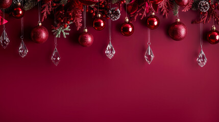 Wall Mural - orante burgundy christmas background with wine colored christmas decorations and crystals hanging on fir branches with red berries on rich burgundy background with copy space.