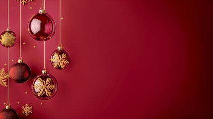 Wall Mural - Burgundy,
Wine,
Garnet,
Carmine,
Purple, scarlet, berry, burgundy,

Christmas background with burgundy Christmas glass ornaments with gold elements on a wine-colored background with copy space.