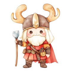 Wall Mural - Watercolor Illustration of a Cute Cartoon Viking with a Hammer.