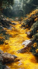 Wall Mural - Golden River Flowing Through Lush Forest