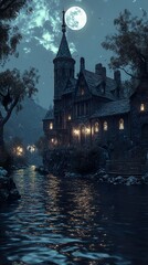 Poster - Enchanted Castle by the River Under a Full Moon