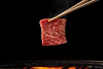 beef being lifted by chopsticks above the grill surface against a black background