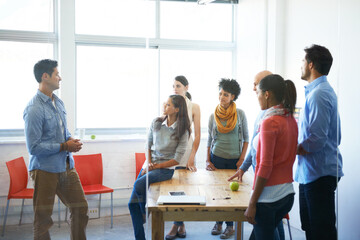 Poster - Business people, group and workshop meeting in office for team building, questions and conversation. Professional, happy employees and diversity collaboration with speaker in boardroom for discussion