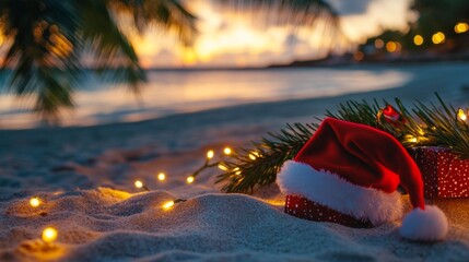 Wall Mural - Santa hat resting on the sandy beach under a palm tree with glowing lights, with blurred ocean and bokeh lights in the background at dusk.