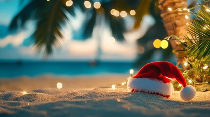 Sticker - Santa hat resting on the sandy beach under a palm tree with glowing lights, with blurred ocean and bokeh lights in the background at dusk.