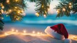 © Diffin - Santa hat resting on the sandy beach under a palm tree with glowing lights, with blurred ocean and bokeh lights in the background at dusk.