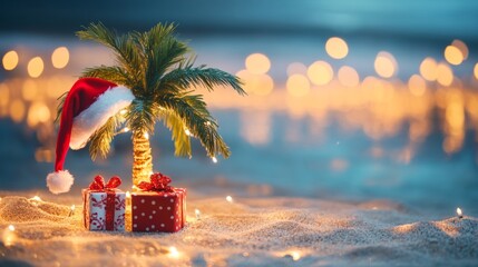 Wall Mural - Santa hat resting on the sandy beach under a palm tree with glowing lights, with blurred ocean and bokeh lights in the background at dusk.
