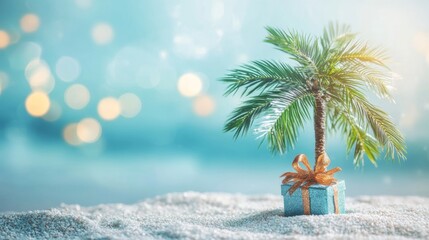 Sticker - Small tropical palm tree and a gift box on a sand beach, blurred ocean view in the background.