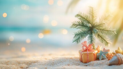 Sticker - Small tropical palm tree and a gift box on a sand beach, blurred ocean view in the background.