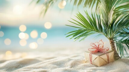 Sticker - Small tropical palm tree and a gift box on a sand beach, blurred ocean view in the background.