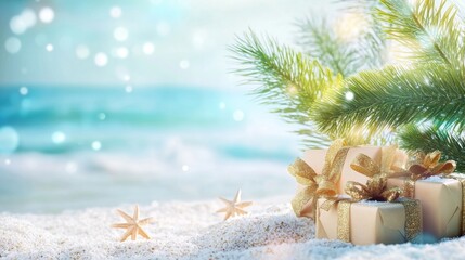Wall Mural - Small tropical palm tree and a gift box on a sand beach, blurred ocean view in the background.