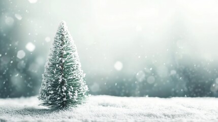 Wall Mural - small snow covered christmas tree with light soft background