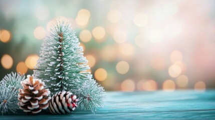 Canvas Print - Small snow covered Christmas tree with light soft background