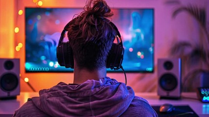 Poster - This individual is focused on gaming, wearing headphones and surrounded by a vibrant display of lights in a cozy room, enhancing the immersive experience.