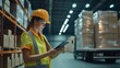 © Ivan - A female manager wearing a protective helmet and vest controls a warehouse with a tablet in her hand in a large warehouse with shelves and goods, with space for text or inscriptions