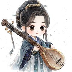 Poster - Watercolor Illustration of a Young Woman Playing a Traditional Chinese Instrument.