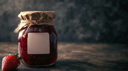 Jar of strawberry jam with white blank label with space for logo, text or name on beautiful rustic blank background with space for text or lettering
