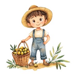 Wall Mural - Cute Cartoon Boy Farmer Holding Basket of Olives.