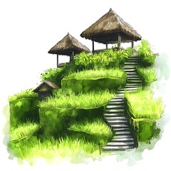 Wall Mural - Watercolor Illustration of Traditional Balinese Huts with Stone Steps and Green Rice Paddy Fields.