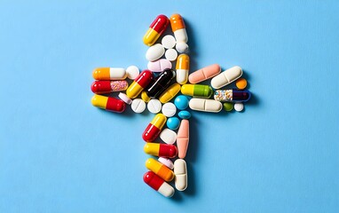 Cross symbol formed from colorful capsules and tablets, representing healthcare, medicine, and pharmaceutical industry, Pill art, Medical symbol