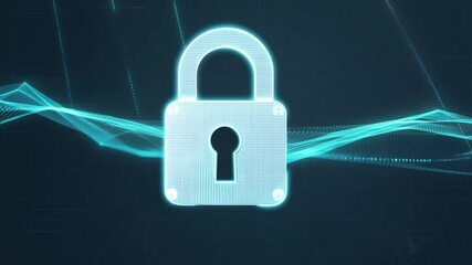 Poster - A sturdy metallic lock is prominently displayed against a dark backdrop, with vibrant blue digital waves emanating around it, highlighting themes of security and technology.