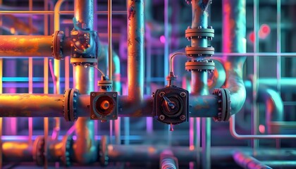 Vibrant abstract industrial landscape featuring blurred pipes and machinery illuminated by colorful lighting