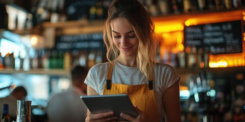 Woman Using Tablet at Bar