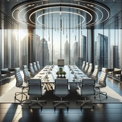 Company meeting room with panoramic city view modern furniture