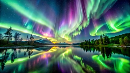 Aurora australis or Aurora borealis or Green northern lights sky above mountains. Night sky with polar lights. Night winter landscape with southern lights aurora against Real Natural black background.