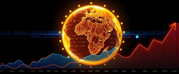 A glowing earth hologram in the background with binary code circling around it, overlaid with an economic growth graph in the foreground.