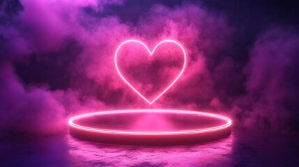 Wall Mural - Neon lights heart with glowing platform. Podium stand for promotions Romantic themes, Valentine's day, birthday, wedding. mother's day and international women's day