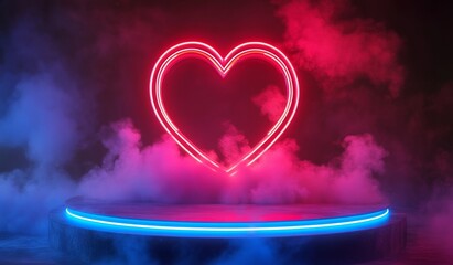 Wall Mural - Neon lights heart with glowing platform. Podium stand for promotions Romantic themes, Valentine's day, birthday, wedding. mother's day and international women's day