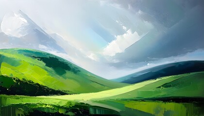 Wall Mural - Vibrant Abstract Landscape of Lush Green Hills beneath a Dynamic Cloudy Sky