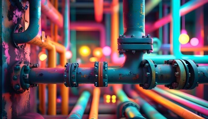 Wall Mural - Vibrant abstract industrial landscape featuring blurred pipes and machinery illuminated by colorful lighting