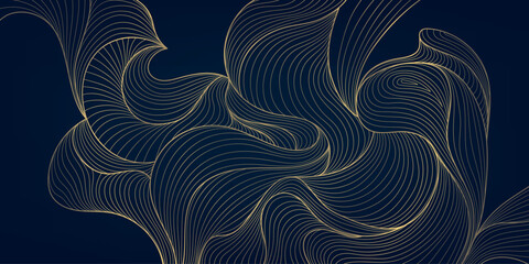 Wall Mural - vector line leaves wallpaper, gold on dark japanese illustration, wavy floral ornament. premium flow